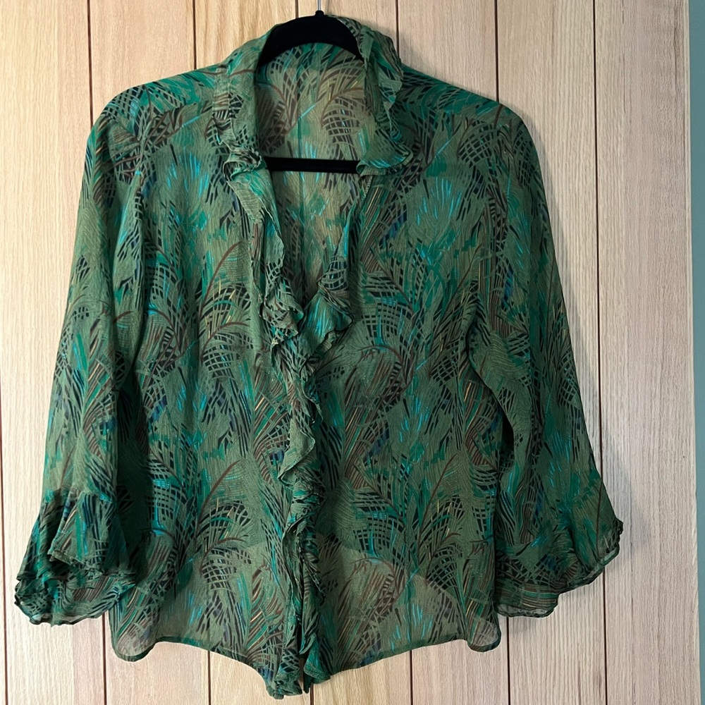Vintage 90’s silk top with green tropical print